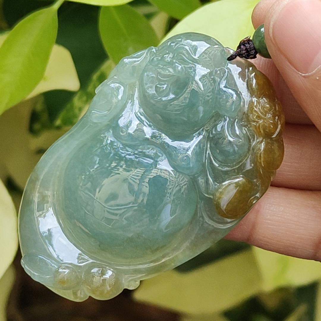 New Arrival Singapore - High Quality Green with Yellow Crafted as Milo Buddha on Natural Type A Jadeite Jade as Pendant with certificate weighs 41.79 grams, measurement 63.2 * 39.9 * 10.7 mm (pendant323) Yi Pin Qian Jadeites Jade Jewelry ~Your Precious Quintessential ~ Singapore