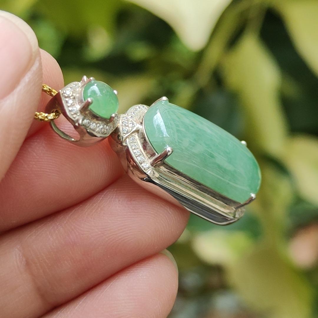 High Quality Rare Green Cabochons on Natural Type A Jadeite Jade set with S925 as Pendant, certificate weighs 5.44 grams, measurement 34.2 * 13.3 * 9.1 mm (s925p4) Yi Pin Qian Jadeites Jade Jewelry ~Your Precious Quintessential ~ Singapore