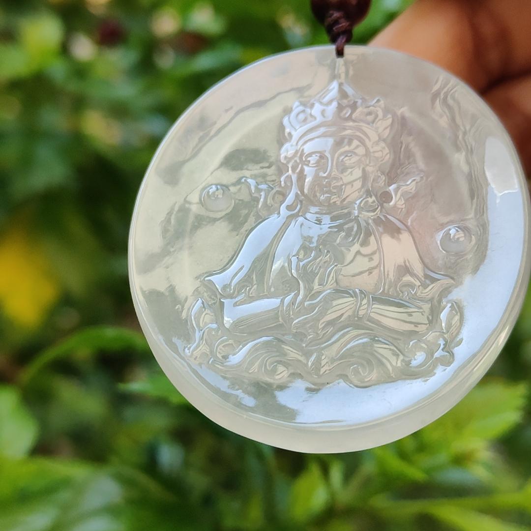 Very Rare High Translucent Icy Natural Type A Jadeite Pendant carved with Guanyin symbolizes compassion, mercy, healing, protection, purity, enlightenment, harmony, balance, and the feminine divine certificate weigh 19.62 g, 52.8 * 46.6 * 5 mm (pendant78) Yi Pin Qian
