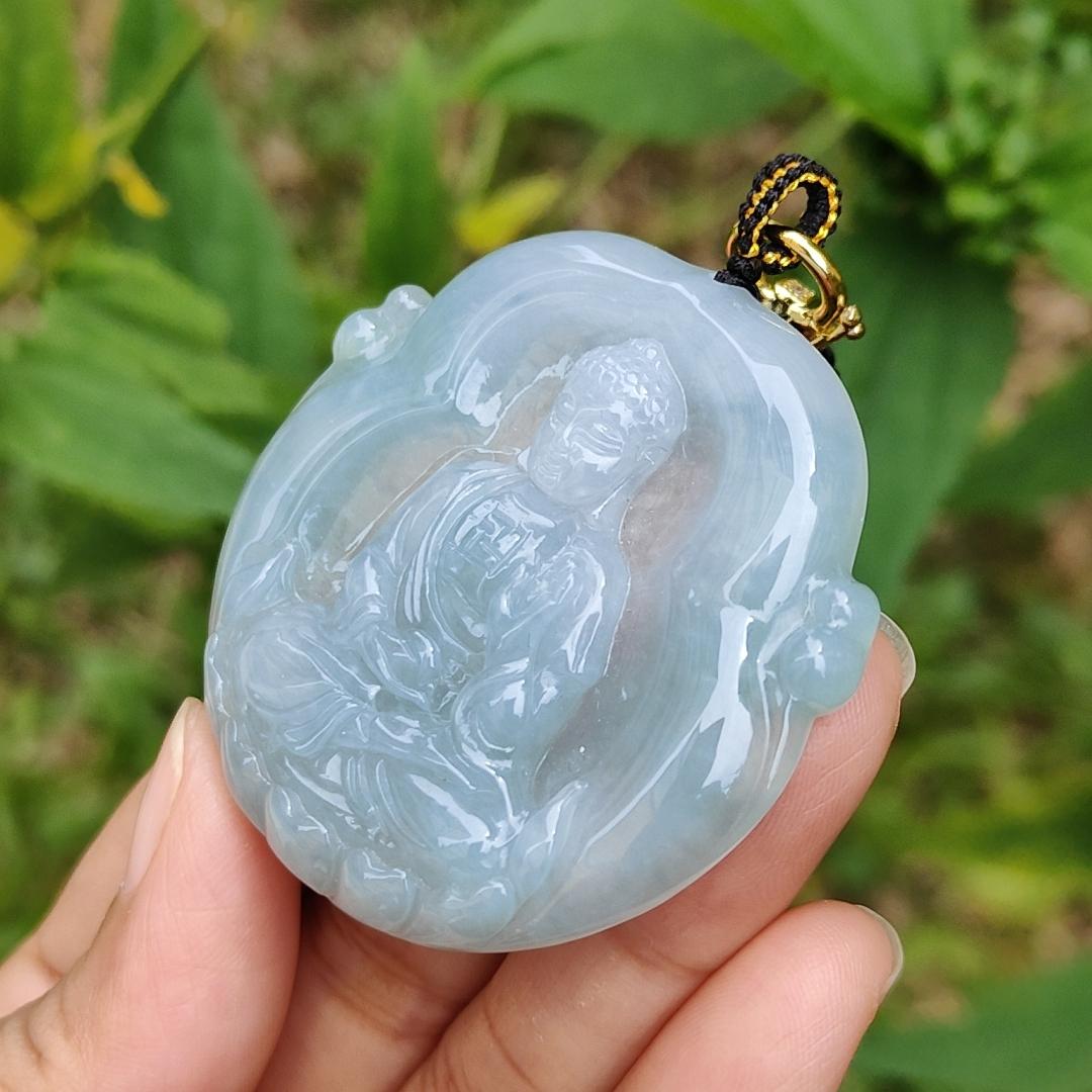Semi Icy Bluish Green Hue Natural Type A Jadeite Pendant Crafted as Buddha with certificate included weigh 26.65 grams, 48.3 * 48.9 * 7 mm, suitable for daily wear Yi Pin Qian