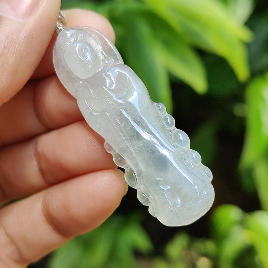 High Quality Icy Translucent Natural Type A Jadeite Jade crafted as Standing Guanyin, S925 clasp added as Pendant, certificate weighs 7.79 grams, measurement 45.7 * 14.8 * 6.3 mm (pendant269) Yi Pin Qian