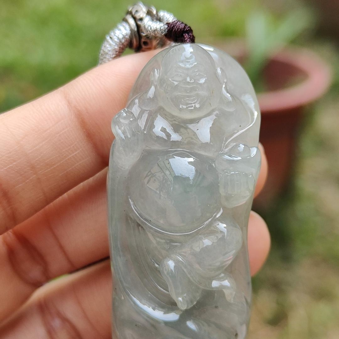 Premium Rare Semi Icy Natural Type A Jadeite Jade crafted with Milo Buddha as Pendant Necklace with certificate weigh 30.56 grams, measurement 56 * 23 * 12.8 (pendant207) Yi Pin Qian