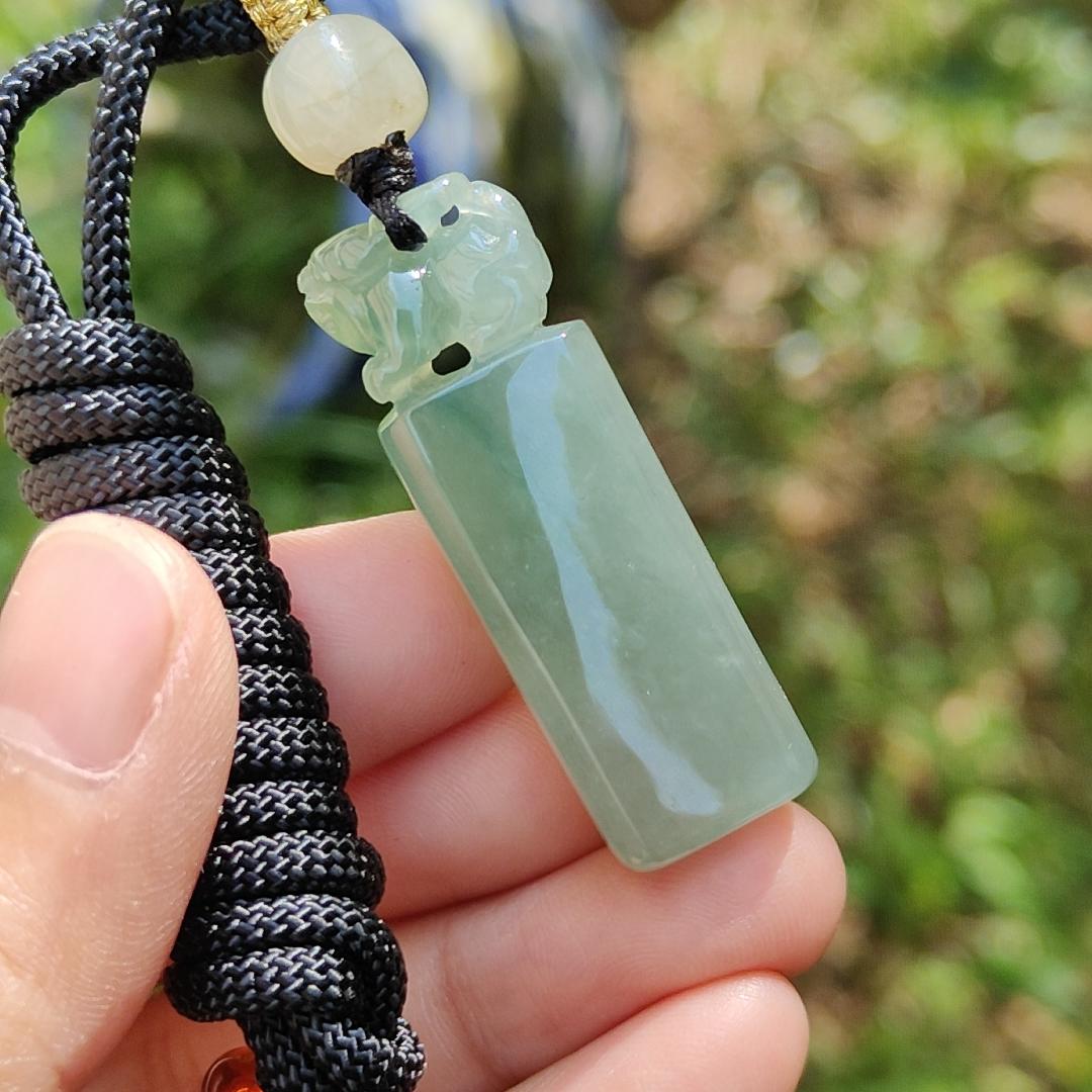 An Excellent Piece of Green Natural Type A Jadeite Pendant Necklace or Stamp crafted with Pixiu boosting Incoming Money and power with certificate weigh 13.16 grams, 41.2 * 13.6 * 8.7 mm , (pendant137) Yi Pin Qian