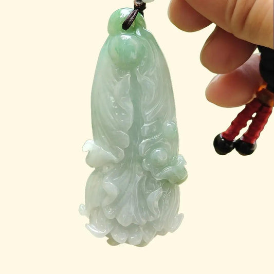Good Quality Light Green Natural Type A Jadeite Jade crafted as Cabbage symbols of Lucks with Money as Pendant, certificate weighs 36.65 grams, measurement 62.5 * 28.6 * 13.1 mm (pendant267) Yi Pin Qian