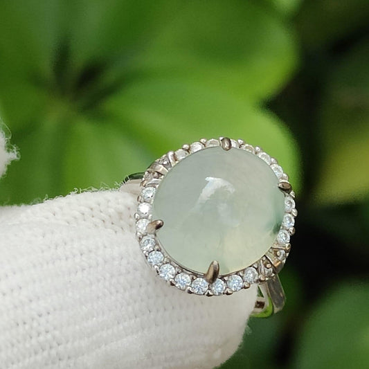 Icy Translucent Jadeite Blooming Elegance S925 Ring – Floating Light Green Flower with Zircon Halo