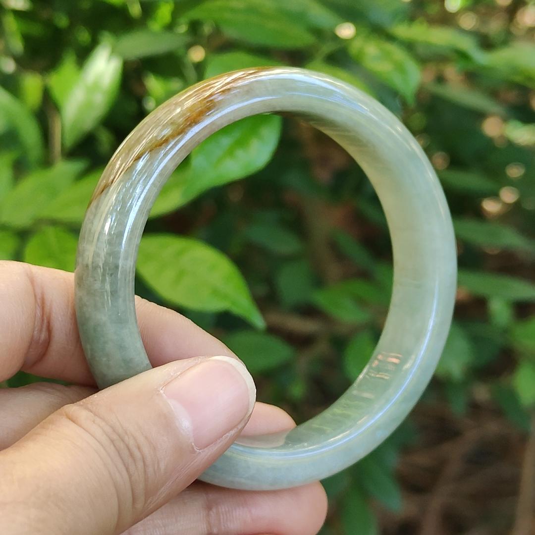 53.5 mm Light Green with Brown Patch Quality Burma Natural Type A Jadeite Jade crafted as Peace Bangle, certificate weighs 50.76 grams, Width: 13 mm Thickness: 7.6 mm (bangle16) Yi Pin Qian Jadeites Jade Jewelry ~Your Precious Quintessential ~ Singapore