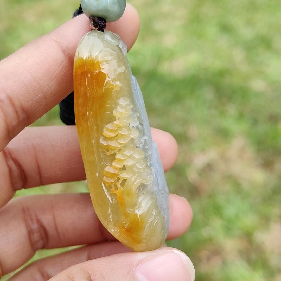 Beautifully crafted with sceneries on Yellow Natural Type A Jadeite Jade as a Pendant Necklace with certificate weigh 27.75 grams, measurement 52.1 * 25.7 * 12.7 mm (pendant206) Yi Pin Qian