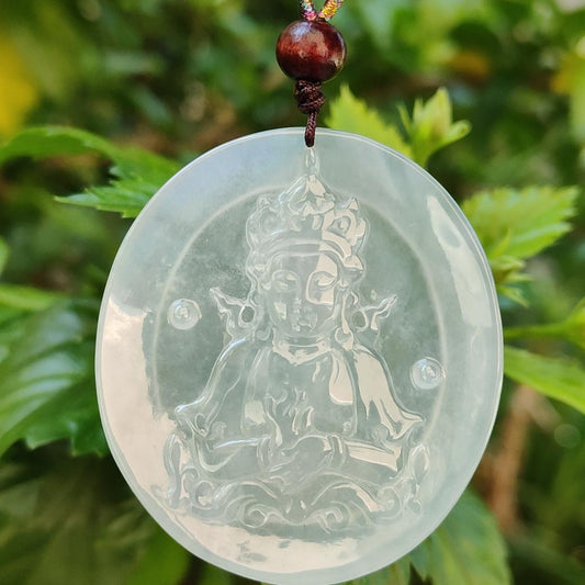 Very Rare High Translucent Icy Natural Type A Jadeite Pendant carved with Guanyin symbolizes compassion, mercy, healing, protection, purity, enlightenment, harmony, balance, and the feminine divine certificate weigh 19.62 g, 52.8 * 46.6 * 5 mm (pendant78) Yi Pin Qian