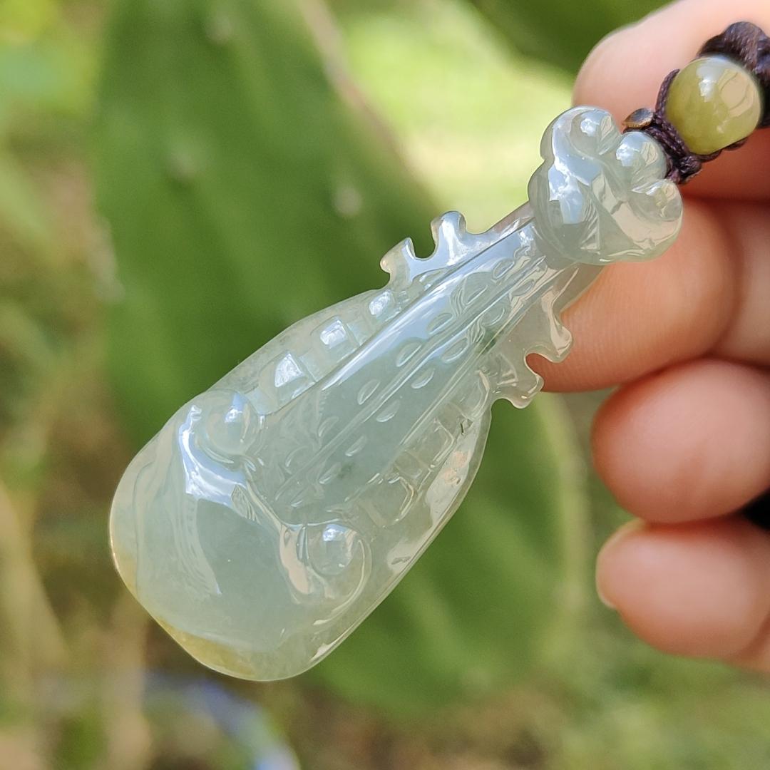 Semi Icy Rare Yellow and Green Natural Type A Jadeite Jade crafted as Ruyi musical instrument pipa as Pendant with certificate weigh 9.08 grams, measurement 45.3 * 18.7 * 6.6 mm (pendant226) Yi Pin Qian
