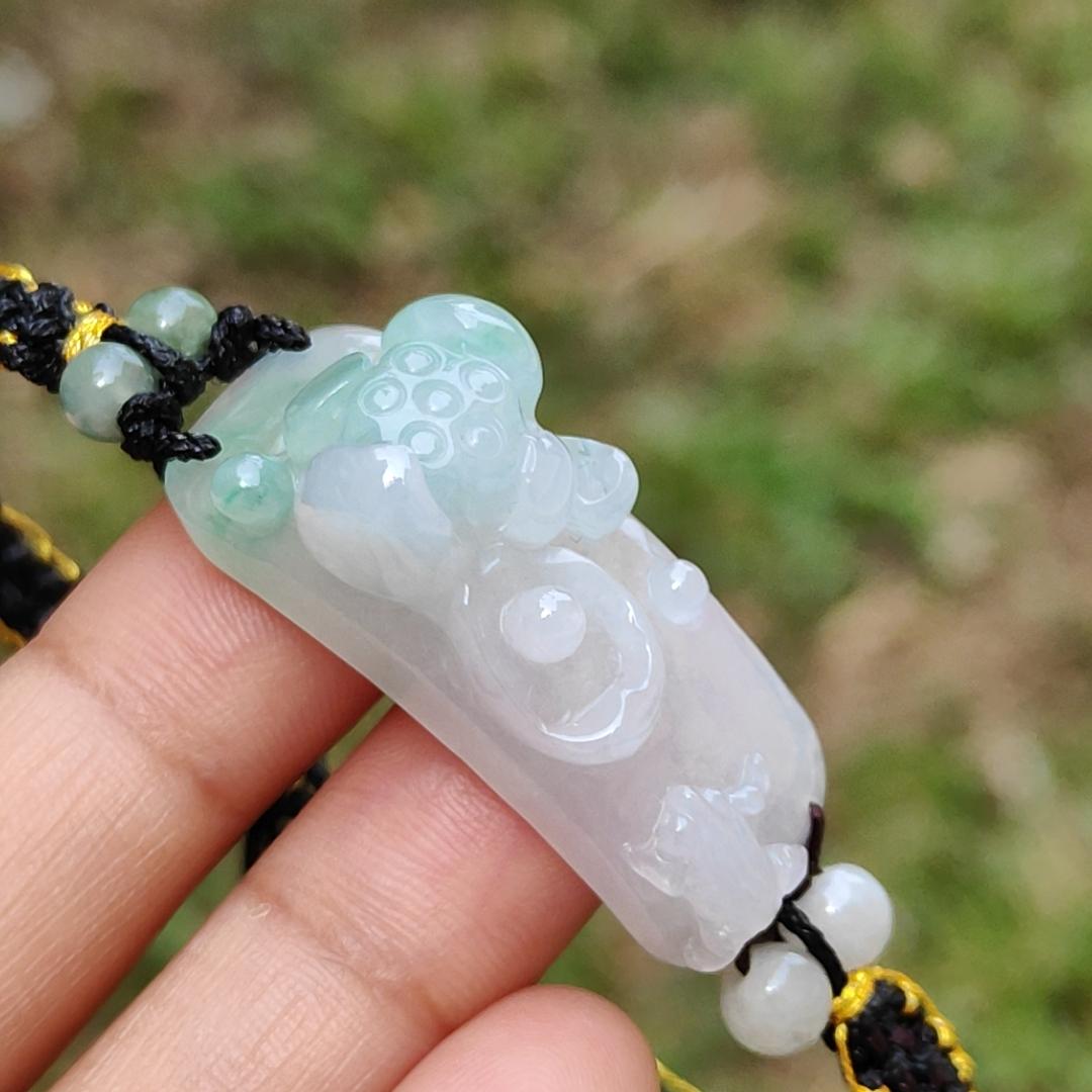 Light Green Natural Type A Jadeite Jade crafted with frog and Lotus as bracelet, certificate weigh 9.98 grams, measurement 33.9 * 14.1 * 12.3, (bracelet23) Yi Pin Qian