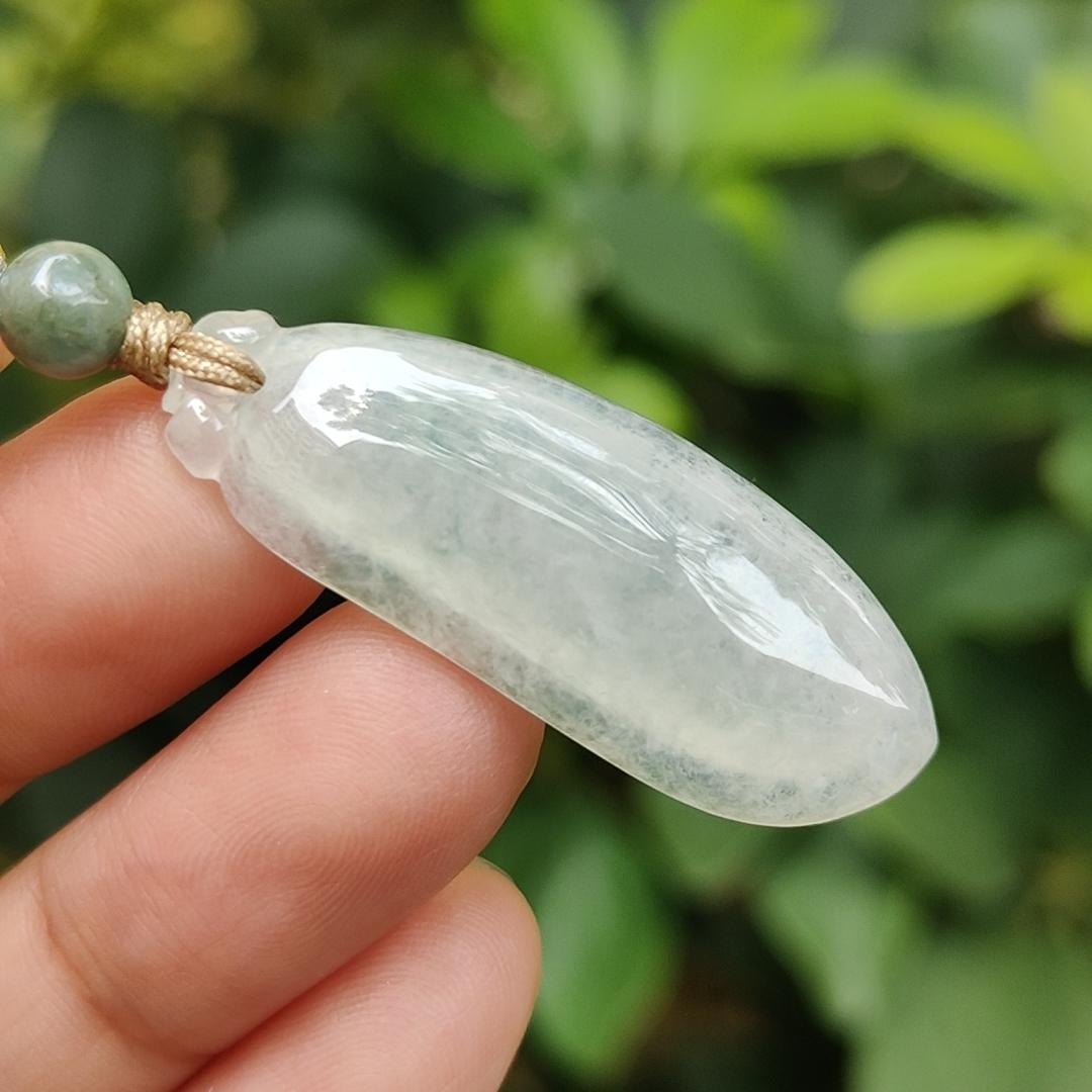 Icy Translucent Natural Burmese Jadeite Jade Crafted as Fuku Melon Pendant with light green hue, certificate weighs 4.82 grams, measurement 36.9 * 13.8 * 5.6 mm (pendant316) Yi Pin Qian Jadeites Jade Jewelry ~Your Precious Quintessential ~ Singapore