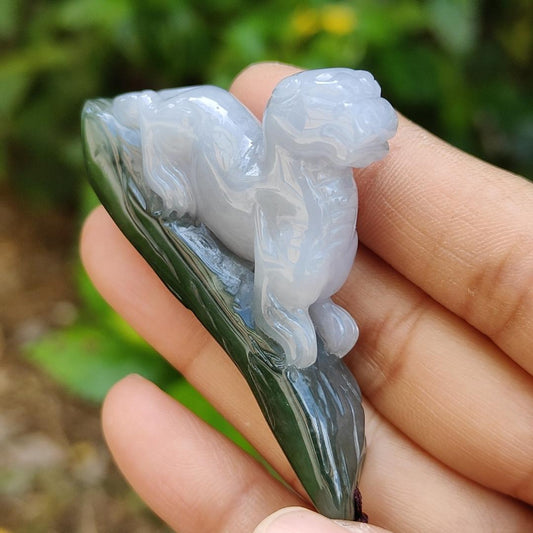 Lavender and Green Natural Type A Jadeite Handheld Piece crafted with Pixiu meaning rich, happiness and good luck with certificate weight 29.97 grams, 61.30 * 10.70 * 34.60 mm, also suitable for display anywhere at home, car or office (hand1) Yi Pin Qian