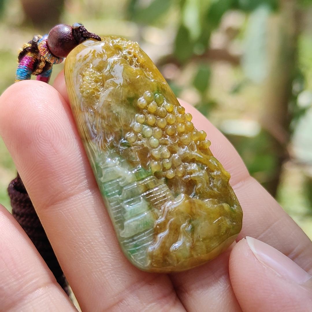 Rare quality Yellow with reddish brown and green Natural Type A Jadeite Jade crafted with sceneries as pendant, certificate weigh 11.38 grams, measurement 45.6 * 24.3 * 5.2 mm (pendant216) Yi Pin Qian