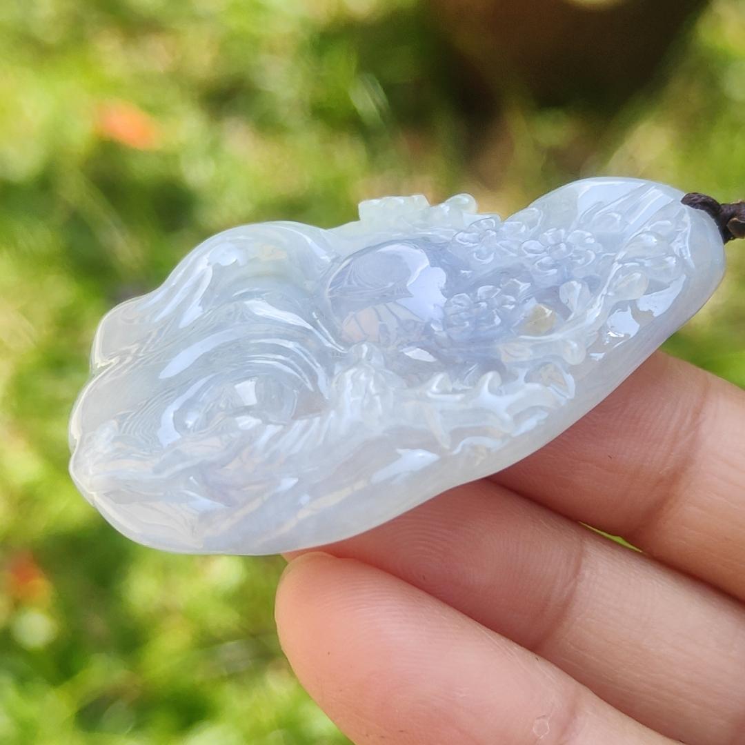 A Lavender with spread of brown and green patches Natural Type A Jadeite Jade Pendant Crafted with deer and flower, certificate weigh 24.4 grams, measurement 51.5 * 33.7 * 7.8 mm (pendant192)1 Yi Pin Qian