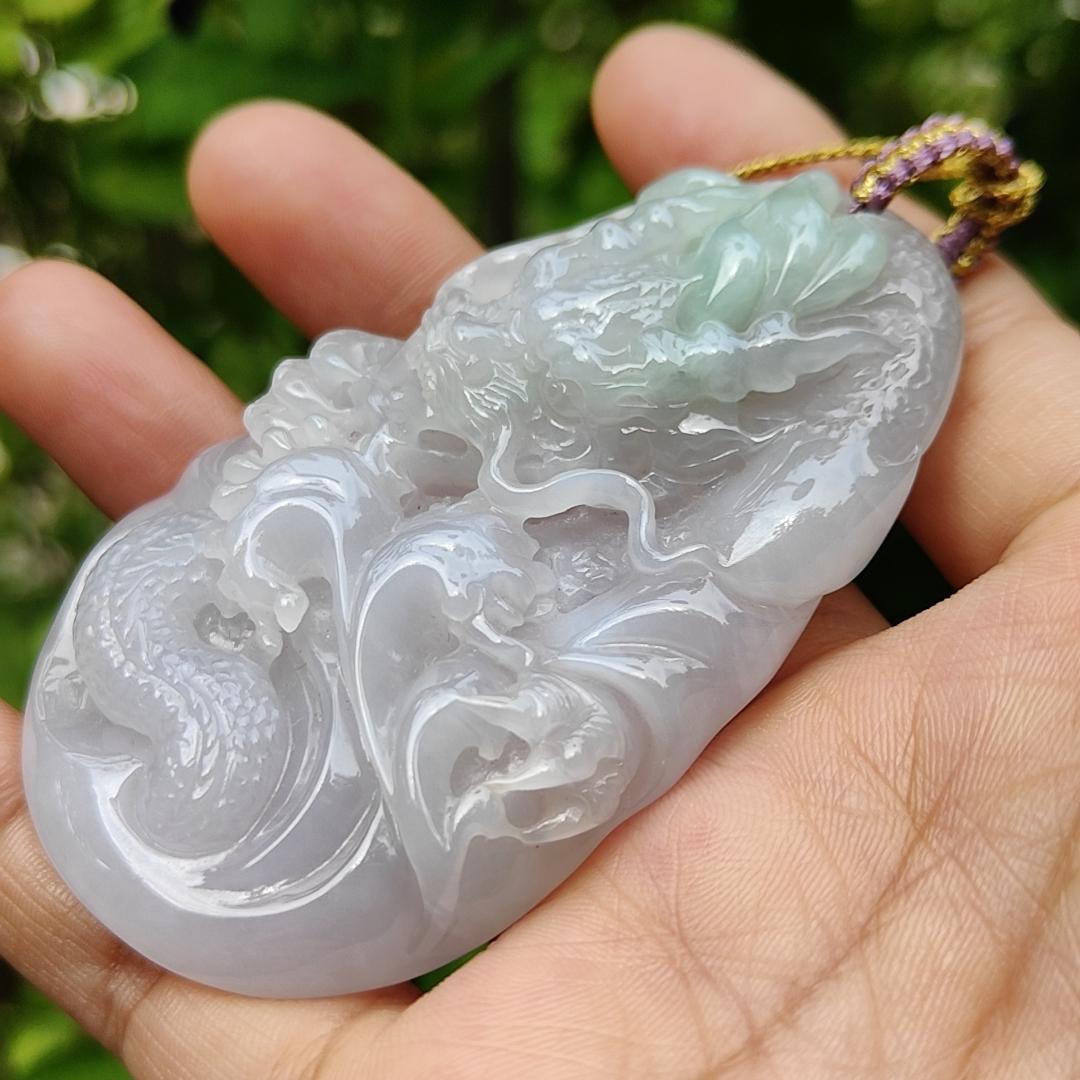 Hugh Dragon #2 Crafted on Natural Type A Jadeite Jade as Pendant, certificate weighs 88.3 grams, measurement 74 * 44.2 * 17 mm (pendant365)