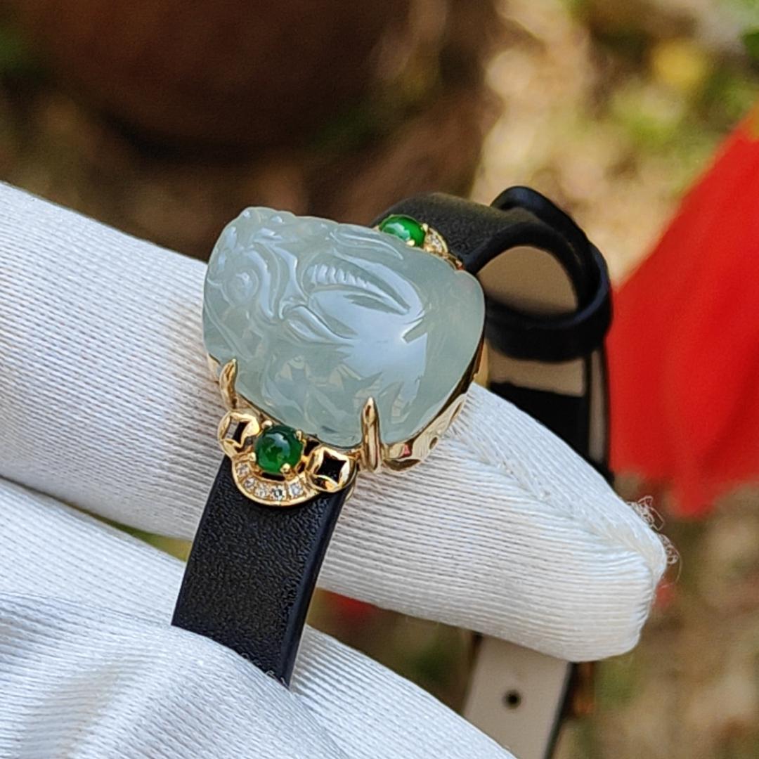 Light Green Hue Natural Type A Jadeite Jade crafted as Pixiu set on 18k Gold with 2 Green Cabochon and diamonds, adding PU wrist band upgraded elegant style bracelet, certificate weigh 4.44 grams, measurement 16.6 * 14.1 * 7.5 mm (18kpw1) Yi Pin Qian