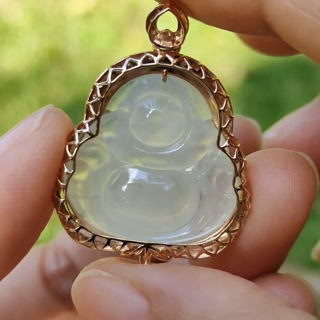 Premium Quality Icy Translucent Natural Type A Jadeite Jade crafted with Milo Buddha Set on 18k Gold as Pendant, certificate weighs 6.48 grams, measurement 34.1 * 26 * 11.6 mm (18kp61) Yi Pin Qian