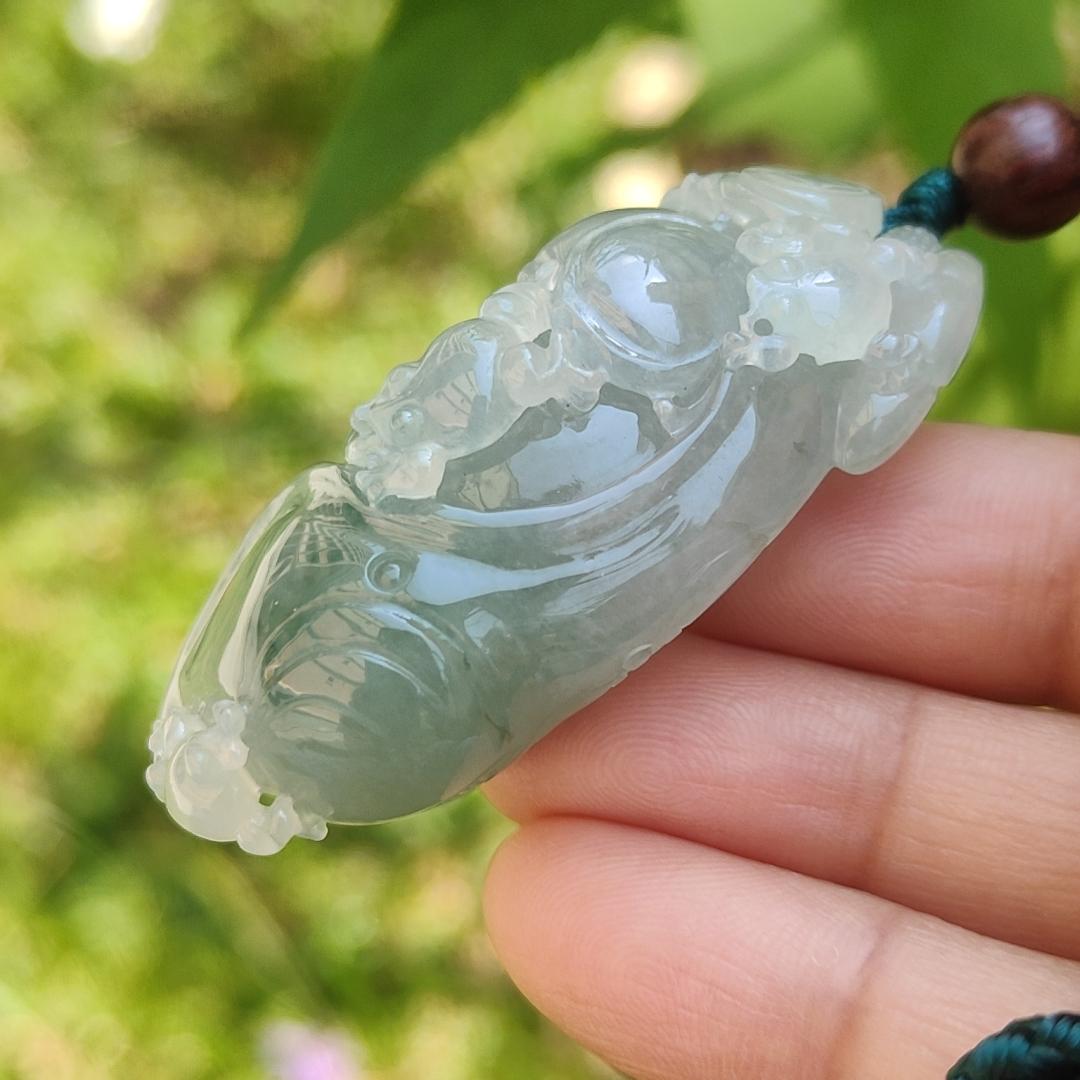 Premium Light Green Semi Icy Natural Type A Jadeite Jade Pendant crafted with frogs, coins and lotus with certificate weigh 35.12 grams, measurement 50.7 * 24.7 * 18.2 mm (pendant193) Yi Pin Qian