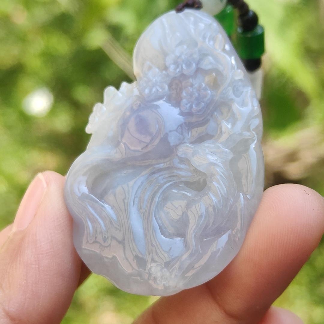 A Lavender with spread of brown and green patches Natural Type A Jadeite Jade Pendant Crafted with deer and flower, certificate weigh 24.4 grams, measurement 51.5 * 33.7 * 7.8 mm (pendant192)1 Yi Pin Qian