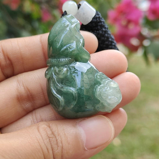 Dark Green Natural Type A Jadeite Jade crafted with Three legs toad on Money Pouch as Pendant with certificate weigh 26.67 grams, measurement 42 * 18.5 * 14 mm (pendant230) Yi Pin Qian