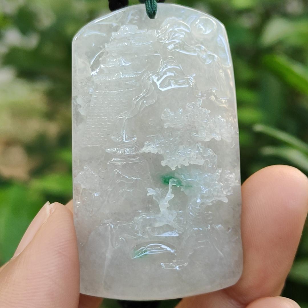 High Quality Good Translucent Light Green with Green Patches Crafted with Scenery Natural Type A Jadeite Jade as Pendant certificate weighs 26.66 grams, measurement 48.1 * 28 * 11.8 (pendant313) Yi Pin Qian Jadeites Jade Jewelry ~Your Precious Quintessential ~ Singapore