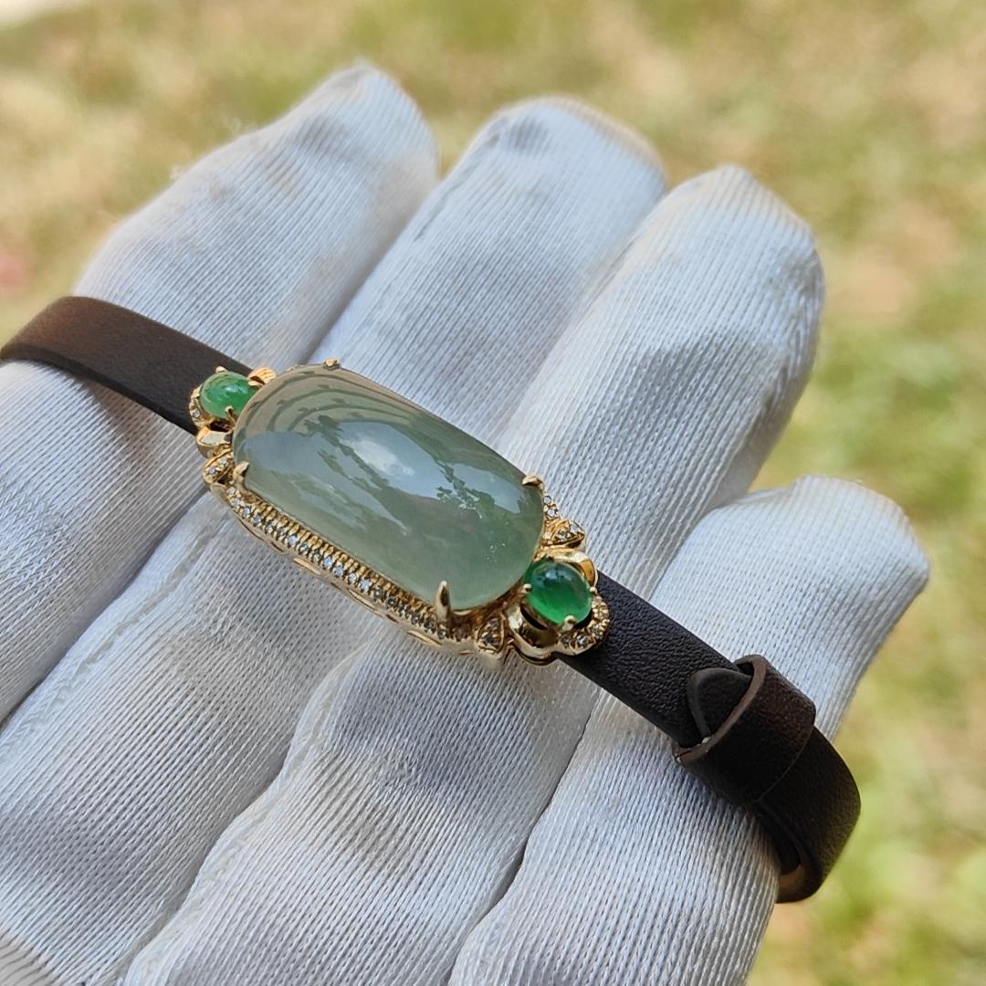 High Premium Quality Natural Type A Jadeite Jade with 3 cabochons set on 18k gold with diamonds as wrist bracelet or pendant, certificate weigh 4.39 grams (18kpw4) Yi Pin Qian