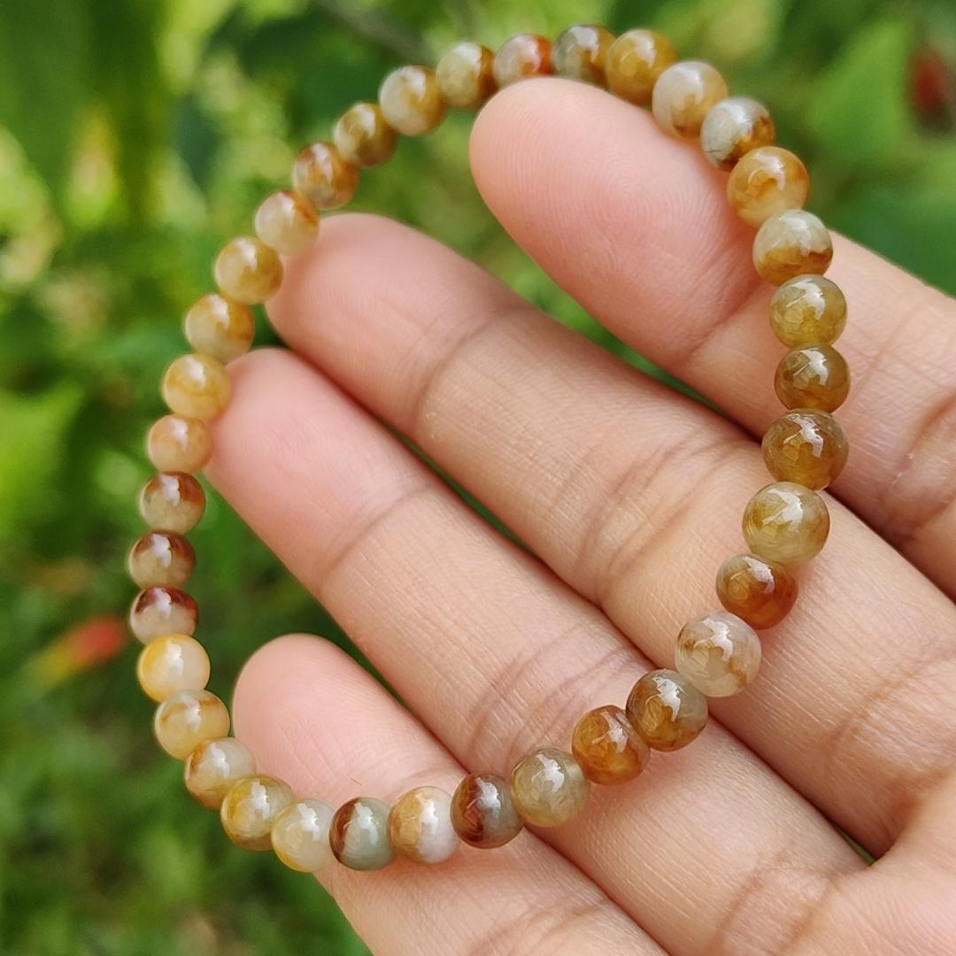 Elegant and Good Quality 5.3mm Icy Yellow, Red, Brown Natural Type A Jadeite Jade 36 Beads Bracelet with QIC labs approved certificate weigh 8.76 grams (bracelet13) Yi Pin Qian