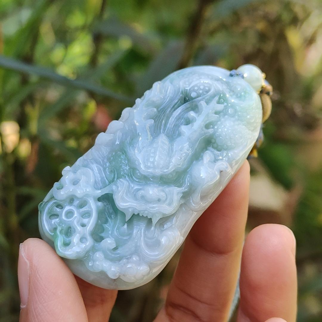 Blueish Green Natural Type A Jadeite Pendant Necklace crafted with Dragon and Fengshui Wheel, with QIC approved certificate weigh 39.57 grams, 58 * 29.8 * 12.6 mm, suitable for daily wear (pendant61) Yi Pin Qian