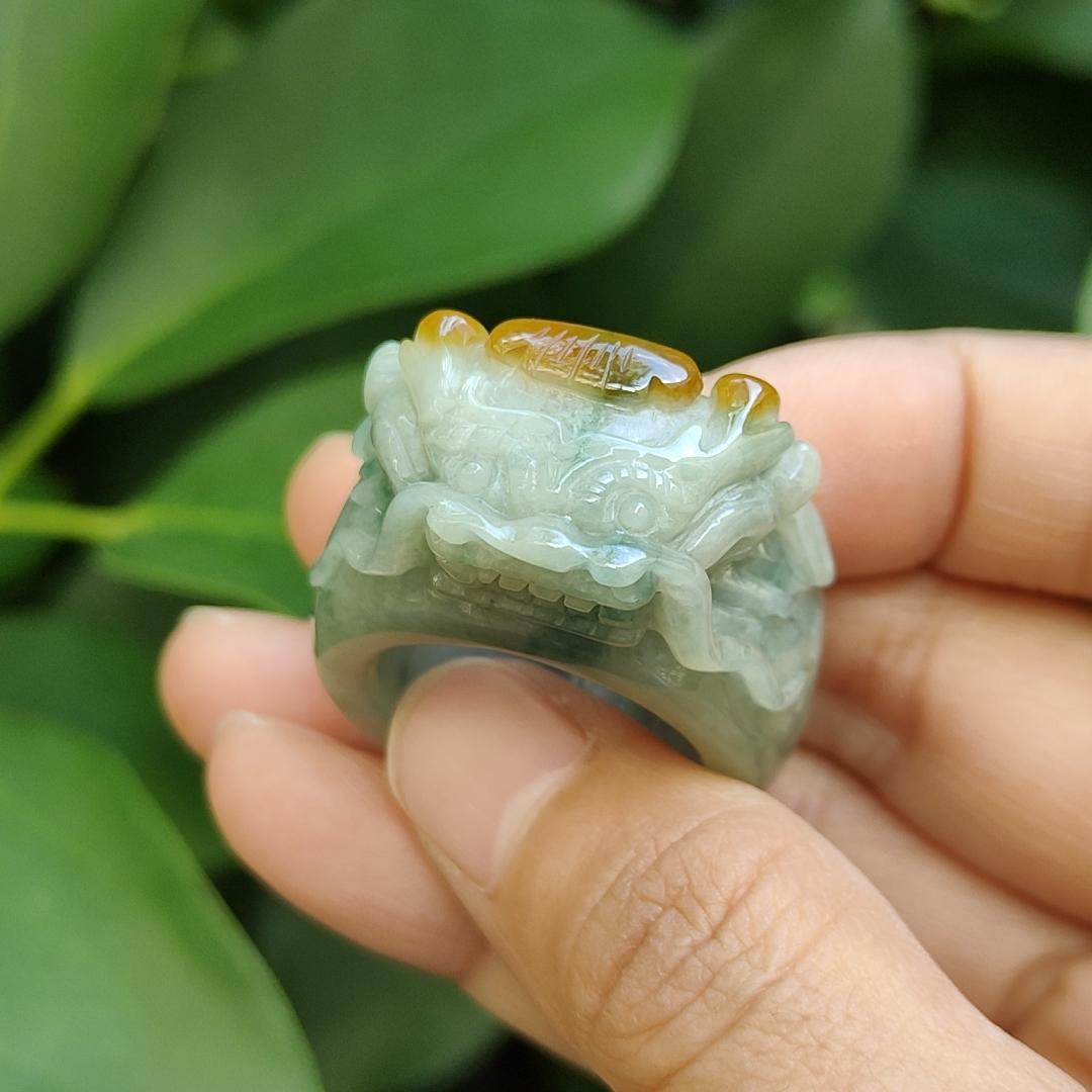 Green Hue Patches and Yellow Natural Type A Jadeite-Jade crafted as Dragon Ring with finger size 20.8mm, certificate weighs 26.8 grams, measurement 39.2 * 31.6 * 15.5 mm (ring12) Yi Pin Qian Jadeites Jade Jewelry ~Your Precious Quintessential ~ Singapore