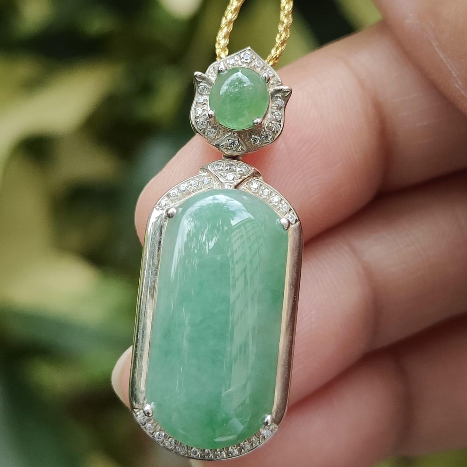 High Quality Rare Green Cabochons on Natural Type A Jadeite Jade set with S925 as Pendant, certificate weighs 5.44 grams, measurement 34.2 * 13.3 * 9.1 mm (s925p4) Yi Pin Qian Jadeites Jade Jewelry ~Your Precious Quintessential ~ Singapore