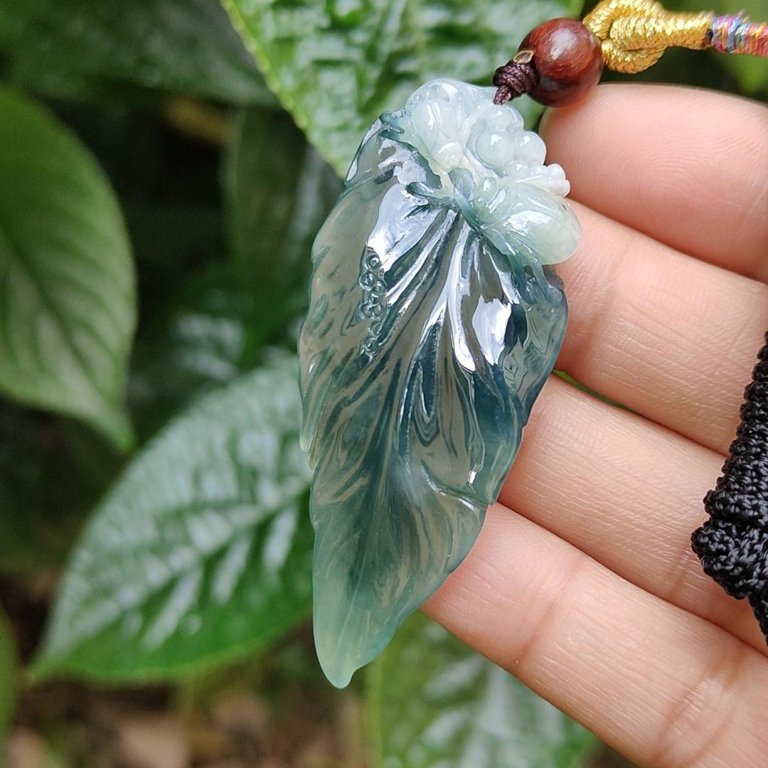 Bluish Dark Green Premium Quality Natural Type A Jadeite Pendant Necklace crafted as leaf with certificate weigh 12.98 grams, 57.7 * 24 * 8 mm, symbols of Great success and rising step by step, career is going smoothly (pendant164) Yi Pin Qian