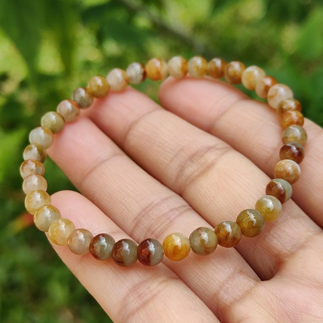 Elegant and Good Quality 5.3mm Icy Yellow, Red, Brown Natural Type A Jadeite Jade 36 Beads Bracelet with QIC labs approved certificate weigh 8.76 grams (bracelet13) Yi Pin Qian