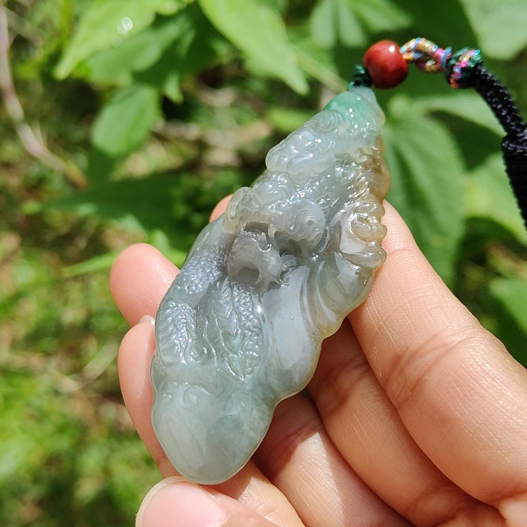 Super Rare Hugh Green and Yellow Natural Type A Jadeite Pendant Necklace Crafted with a Domineering Dragon symbols of Rise step by step, rise rapidly, with certificate weigh 44.19 grams, 77.2 * 37.5 * 15.8 mm (pendant25) Yi Pin Qian