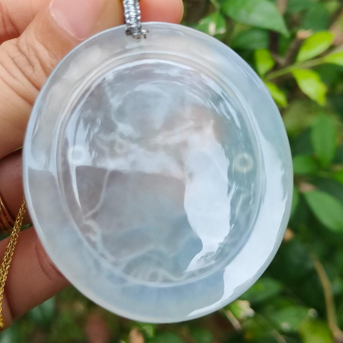 Super Rare ~ Old Collection #2 ~ Crafted as Guanyin Pendant on High Translucent Natural Type A Jadeite Jade certificate weighs 24.35 grams, measurement 52.3 * 46.3 * 4.3 mm (pendant363)