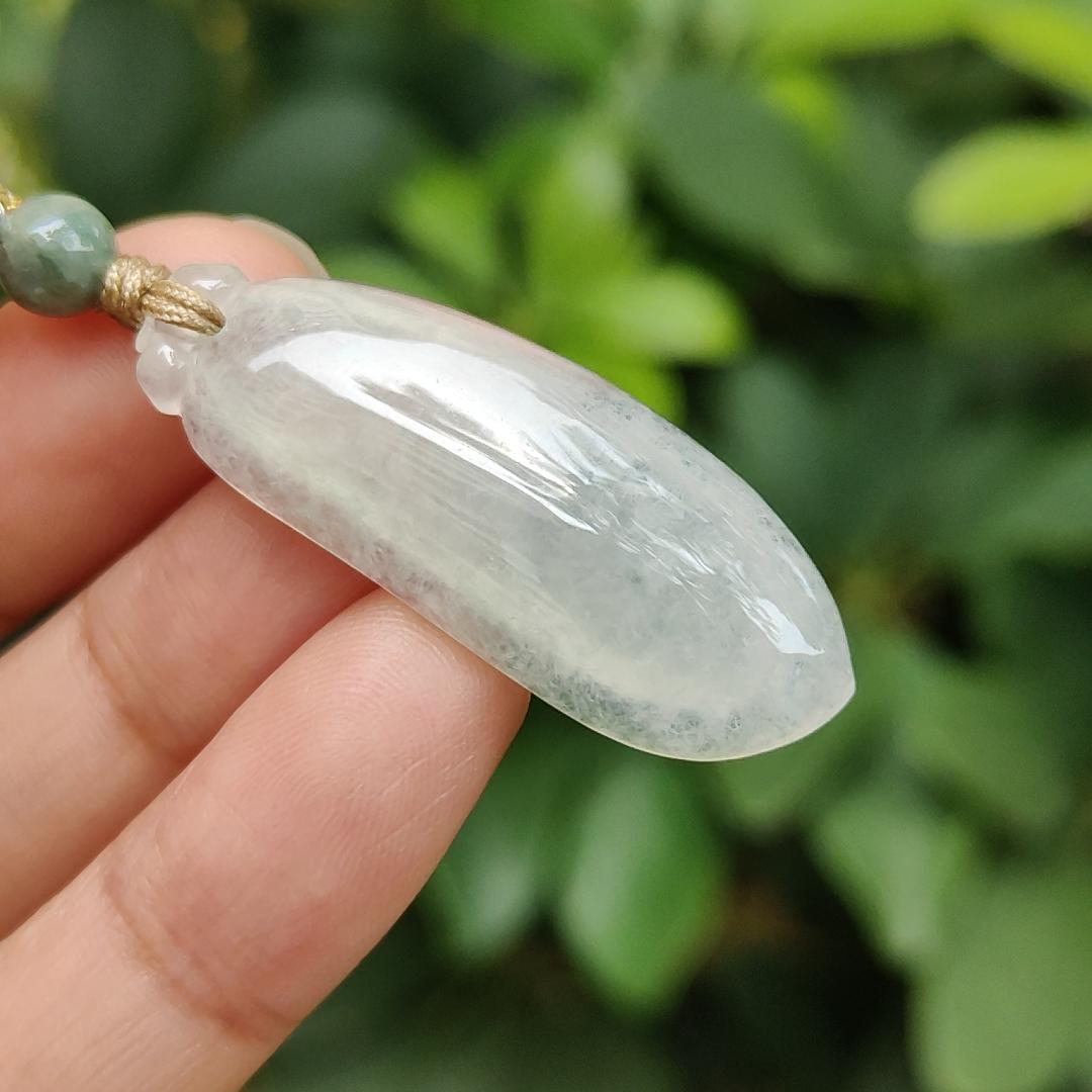 Icy Translucent Natural Burmese Jadeite Jade Crafted as Fuku Melon Pendant with light green hue, certificate weighs 4.82 grams, measurement 36.9 * 13.8 * 5.6 mm (pendant316) Yi Pin Qian Jadeites Jade Jewelry ~Your Precious Quintessential ~ Singapore