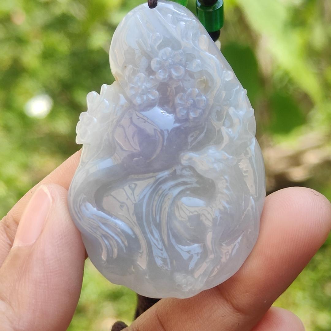 A Lavender with spread of brown and green patches Natural Type A Jadeite Jade Pendant Crafted with deer and flower, certificate weigh 24.4 grams, measurement 51.5 * 33.7 * 7.8 mm (pendant192)1 Yi Pin Qian