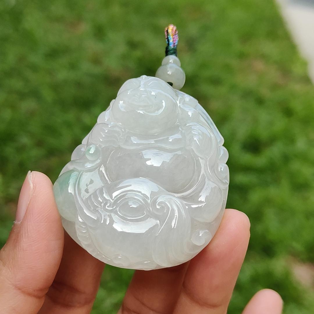 Crafted with Budai Laughing Buddha, Elephant and Ruyi Premium Semi Icy Natural Type A Jadeite with green patches Pendant Necklace with certificate weigh 45.38 grams, 50.5 * 44 * 12.3 mm (pendant160) Yi Pin Qian