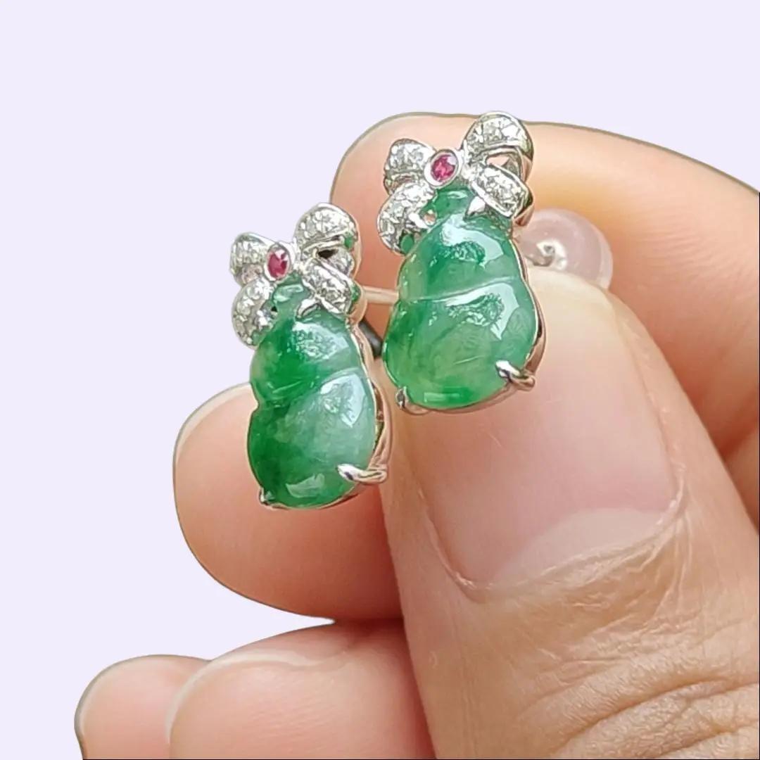 High Quality Light Green with Green Patches crafted as one pair of Gourd on Natural Type A Jadeite Jade as Stud Earrings Certificate weighs 2.38 grams (18k01) Yi Pin Qian Jadeites Jade Jewelry ~Your Precious Quintessential ~ Singapore