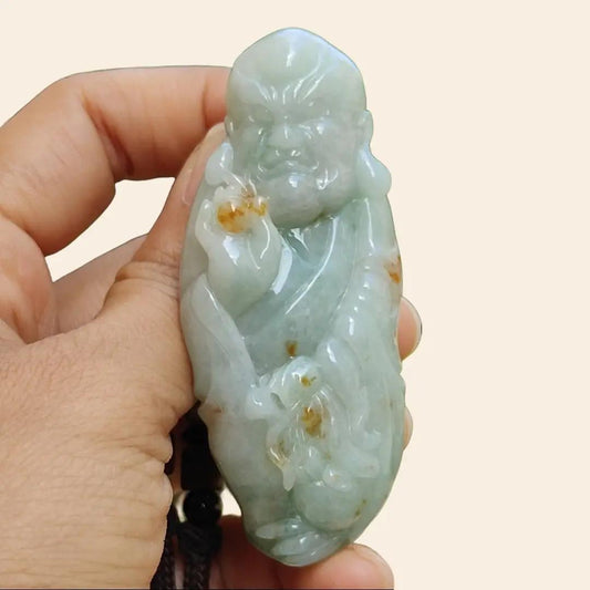 Light Green with Golden Yellow Patches Super Rare Natural Type A Jadeite Jade crafted with Arhat as Pendant, certificate weighs 57.71 grams, measurement 69.7 * 39.3 * 14.5 mm (pendant263) Yi Pin Qian