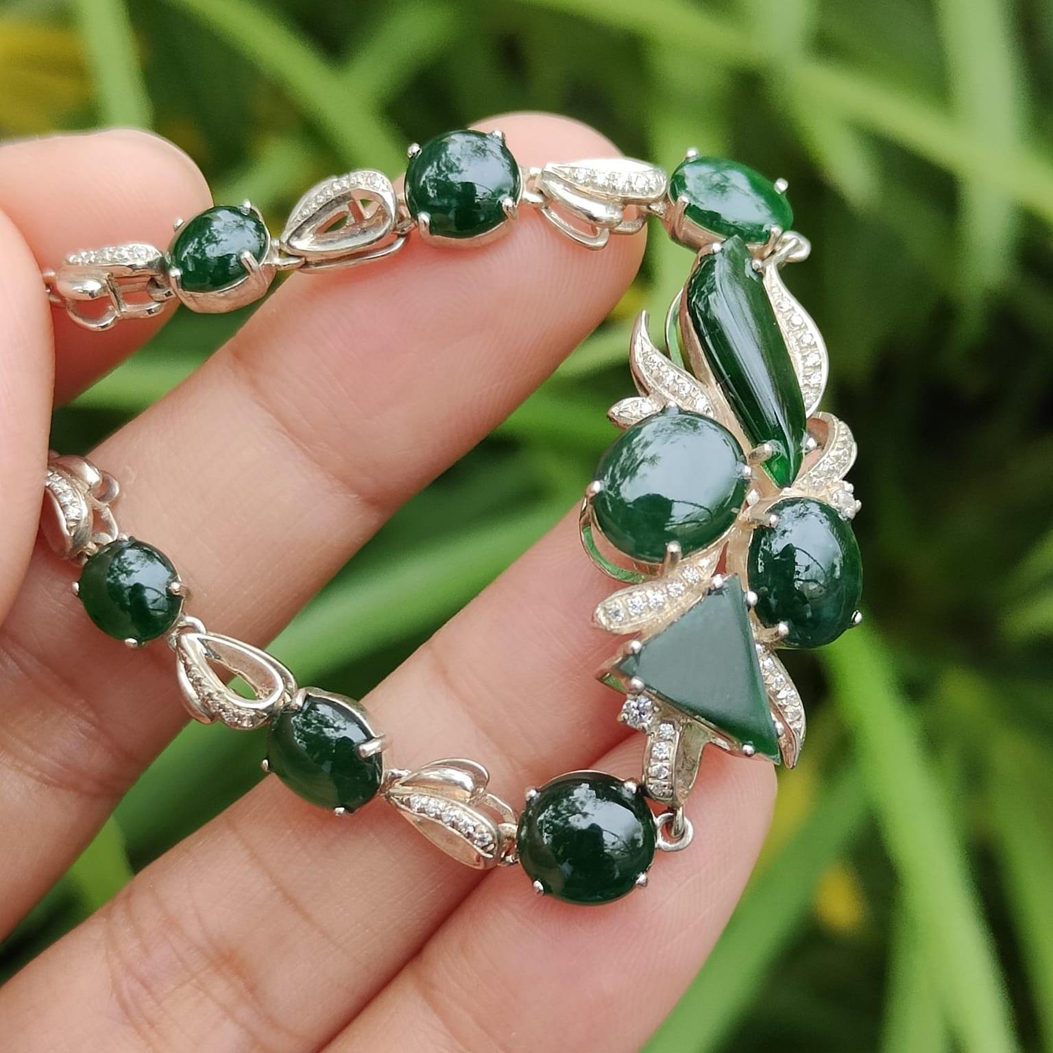 10 Dark Green Multi Shapes Cabochons crafted on Natural Type A Jadeite Jade set with High quality S925 as Bracelet, certificate weighs 7.66 grams (s925b6) Yi Pin Qian Jadeites Jade Jewelry ~Your Precious Quintessential ~ Singapore