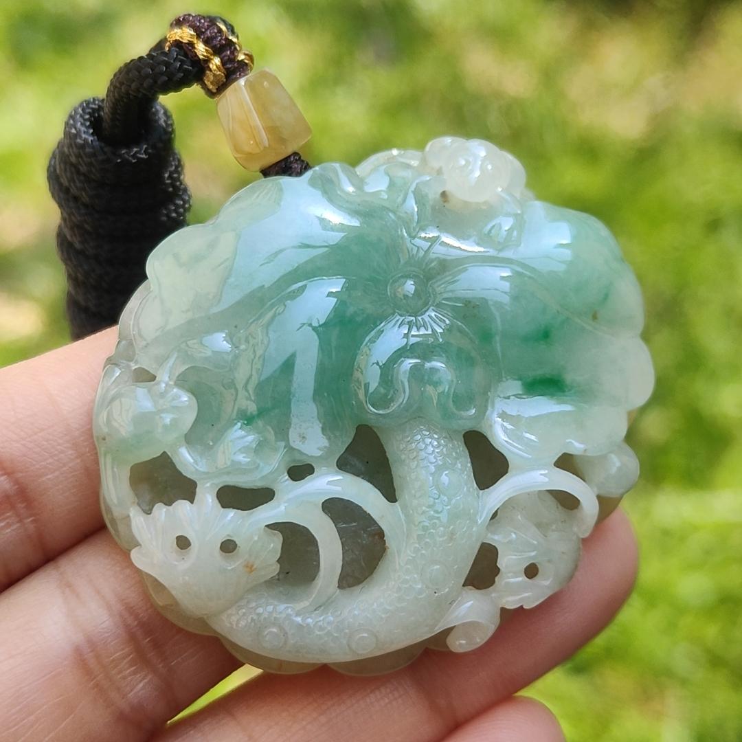 Rare Quality Yellow and Green Natural Type A Jadeite Jade beautifully crafted with frog and lotus old school hollow style, certificate weigh 27.08 grams, measurement 41.6 * 48 * 11 mm (pendant209) Yi Pin Qian