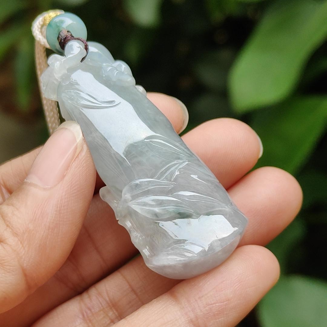 A Bamboo with Pixiu Crafted on Light Green Hue with Light Lavender Natural Type A Burmese Jadeite Jewellery certificate weighs 23.91 grams, measurement 50.3 * 20.6 * 12.8 mm (pendant 318) Yi Pin Qian Jadeites Jade Jewelry ~Your Precious Quintessential ~ Singapore