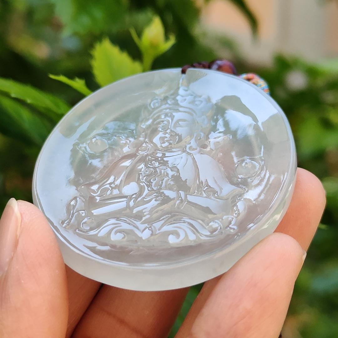 Very Rare High Translucent Icy Natural Type A Jadeite Pendant carved with Guanyin symbolizes compassion, mercy, healing, protection, purity, enlightenment, harmony, balance, and the feminine divine certificate weigh 19.62 g, 52.8 * 46.6 * 5 mm (pendant78) Yi Pin Qian