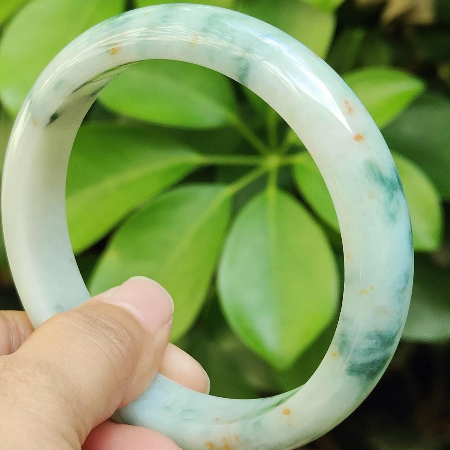60.8 mm Light Green with Green Patches and Golden Yellow Patches Peace Bangle Natural Type A Jadeite Jade, certificate weighs 63.55 Width 13.5 Thickness 8mm (bangle29) Yi Pin Qian Jadeites Jade Jewelry ~Your Precious Quintessential ~ Singapore