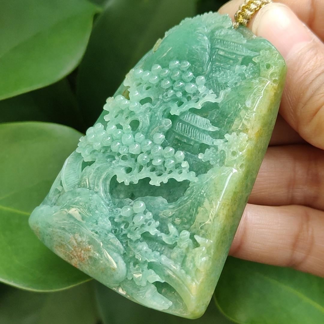 Big Jadeite-Jade, Green with Brown Natural Type A crafted with Sceneries as Pendant, Good for Fengshui, certificate weighs 76.47 grams, measurement 67.6 * 50 * 10.8 mm (pendant305) Yi Pin Qian Jadeites Jade Jewelry ~Your Precious Quintessential ~ Singapore