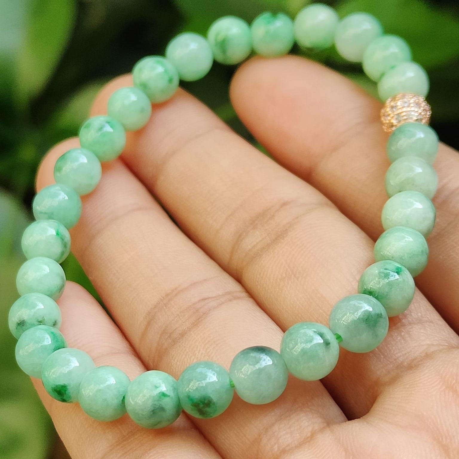 28 * 6.3 mm Light green with green patches beads Natural Type A Jadeite Jade bracelet, certificate weighs 12.64 grams (bracelet40) Yi Pin Qian Jadeites Jade Jewelry ~Your Precious Quintessential ~ Singapore