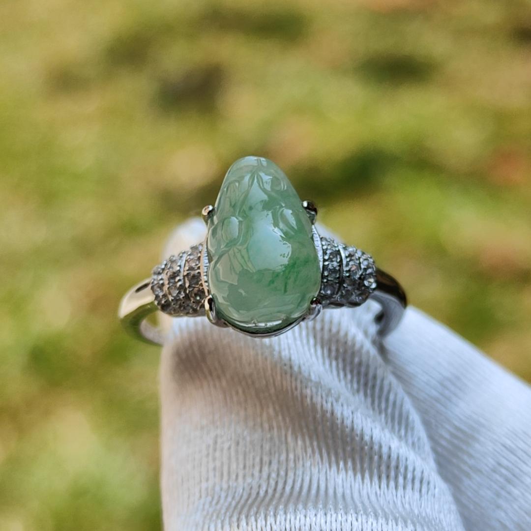Icy Light Green with green patches Natural Type A Jadeite Jade crafted as Pixiu set on S925 adjustable as Ring with certificate weigh 2.68 grams, measurement 10.5 * 7.7 * 4.6 mm (s925ring7) Yi Pin Qian