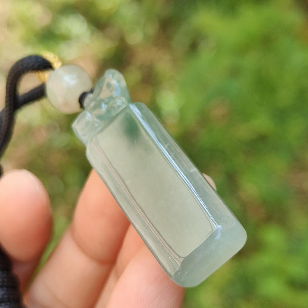 An Excellent Piece of Green Natural Type A Jadeite Pendant Necklace or Stamp crafted with Pixiu boosting Incoming Money and power with certificate weigh 13.16 grams, 41.2 * 13.6 * 8.7 mm , (pendant137) Yi Pin Qian