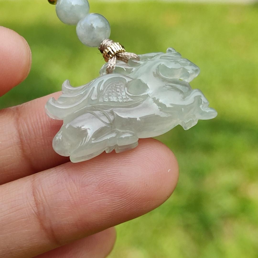 Icy with light green base Natural Type A Jadeite Pendant Necklace crafted as Flying Horse symbols of Good luck is coming soon, Longma spirit with QIC approved certificate weigh 4.55 grams, 15.6 * 28 * 6.3 mm (pendant65) Yi Pin Qian