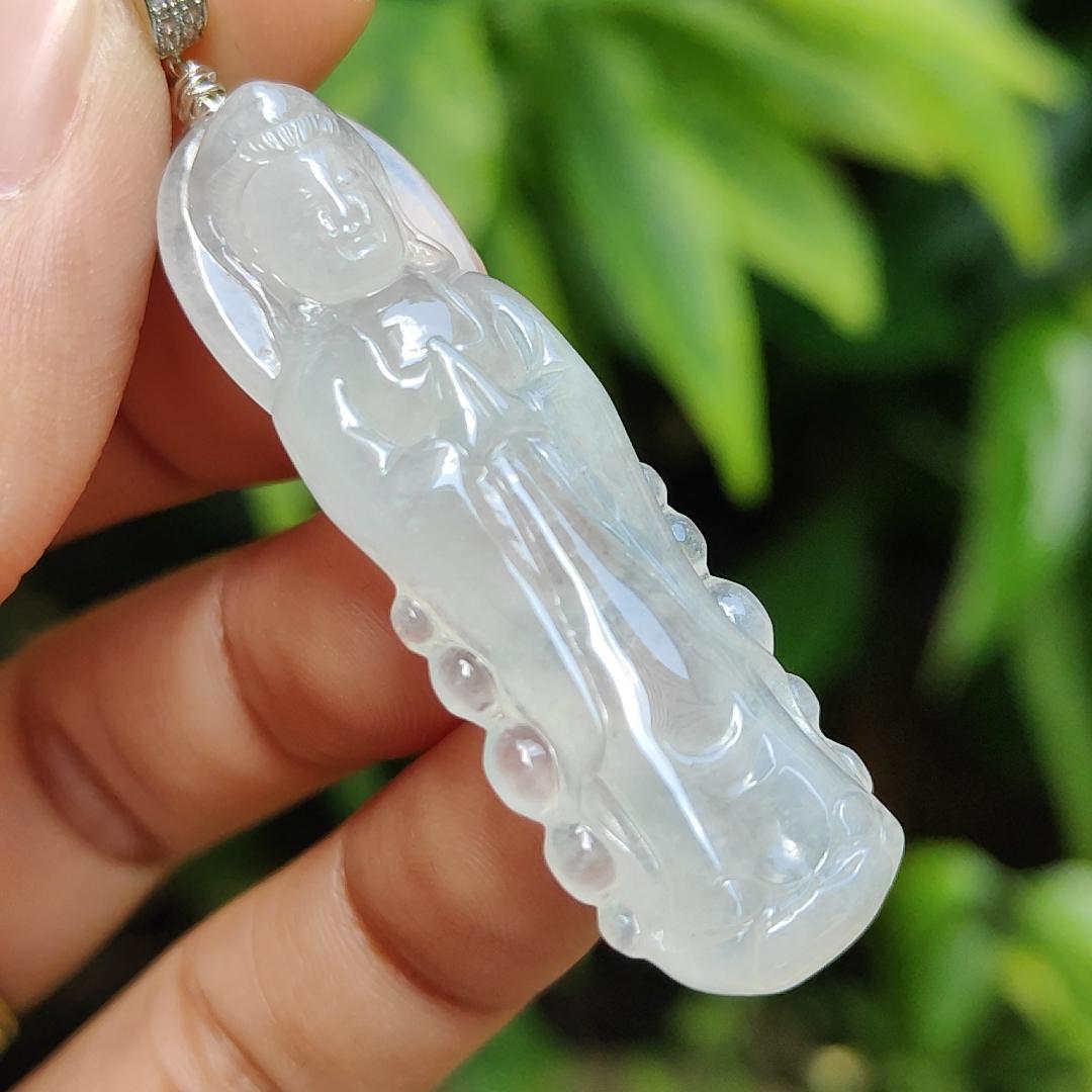 High Quality Icy Translucent Natural Type A Jadeite Jade crafted as Standing Guanyin, S925 clasp added as Pendant, certificate weighs 7.79 grams, measurement 45.7 * 14.8 * 6.3 mm (pendant269) Yi Pin Qian